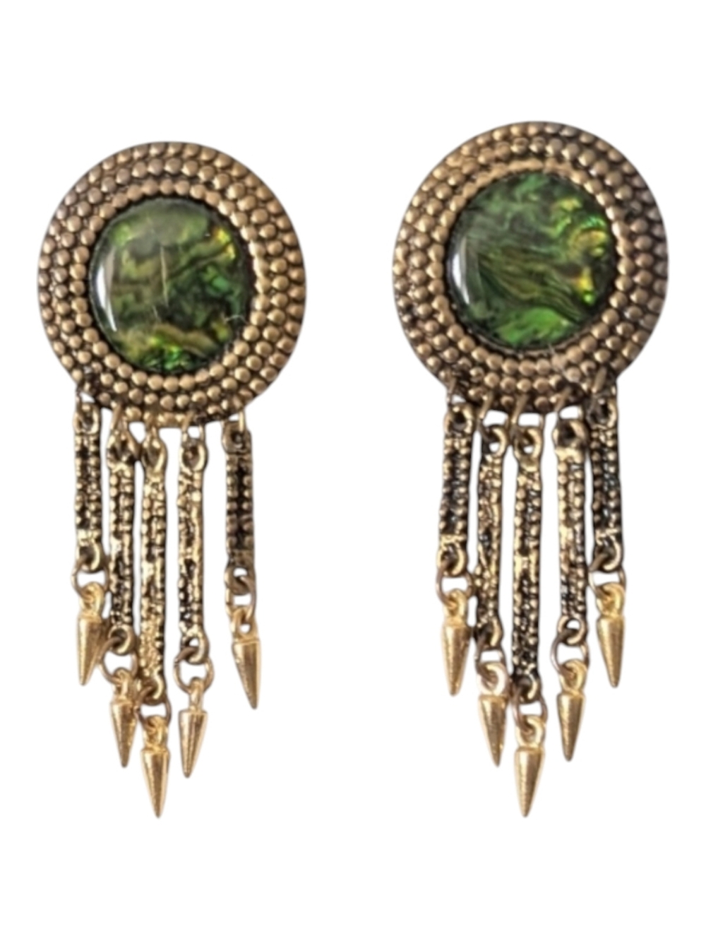 Boho Antiqued Gold-Toned Green Fringe Earrings Pierced Vintage 1980s